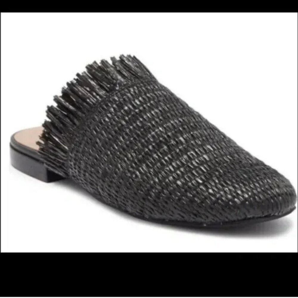 LINEA PAOLO Andine Black Woven Raffia Fringe Mules Slip On Slides Sandals sz 12